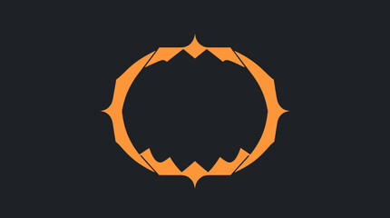 An orange abstract geometric shape resembling a stylized ring or emblem on a dark gray background.