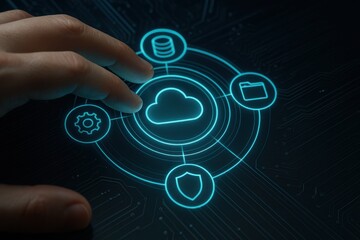 Hand touching holographic cloud network with icons for storage security and management
