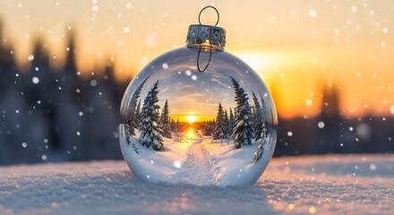 Illustration of a glass christmas ornament reflecting a snowy forest and sunset, with falling snow