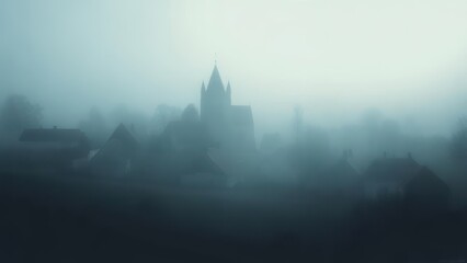 Mysterious Castle Silhouette in Dense Fog at Dawn.