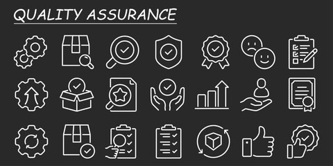 Quality assurance and control outline icons set isolated on white background flat vector illustration. 