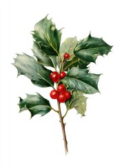 A watercolor painting of a holly branch, displaying green, spiky leaves & bright red berries