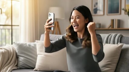 joyful young woman on gray sofa holding smartphone laughing with an open mouth and gesturing enthusiastically in sunlit living room with cushions blanket lamp and wall decor - Powered by Adobe