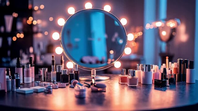 Glamorous makeup vanity with illuminated mirror and assorted beauty products.