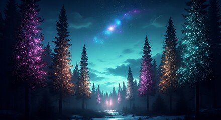 Illustration of enchanted forest at night with colorful glowing fairy lights on pine trees and starry sky