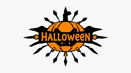 Halloween themed graphic featuring a pumpkin face with bat wings and the word 