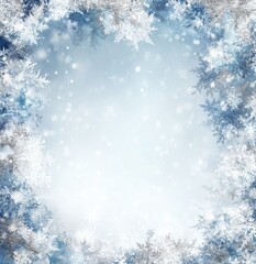 A snowflake border frames a gradient blue background with falling snow