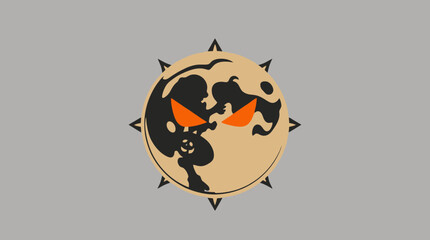 A stylized illustration features a globe with menacing eyes, surrounded by sun rays.