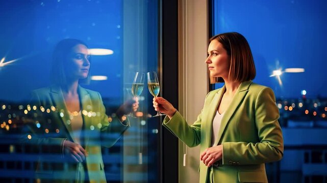 A woman in a green blazer sips champagne beside a window, city lights reflecting around her tonight