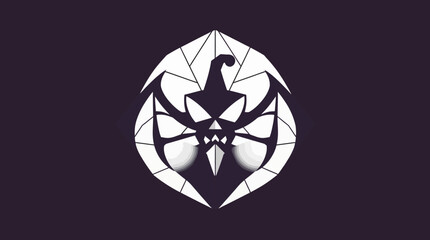 Abstract white emblem featuring a stylized bird or creature with sharp edges, set against a dark purple background.