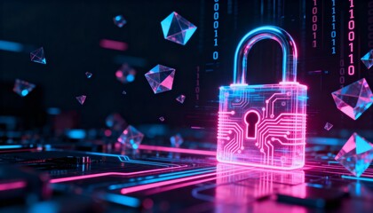 Glowing digital padlock hologram in pink and blue neon, cyber security concept, dark futuristic background with binary code