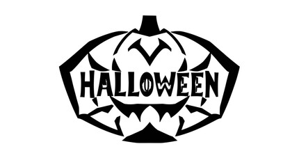 A black and white Halloween pumpkin design with the word 