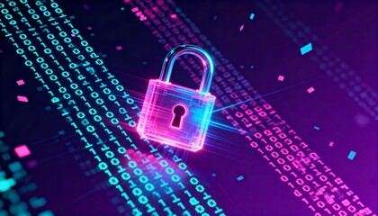 Glowing digital padlock hologram in pink and blue neon, cyber security concept, dark futuristic background with binary code