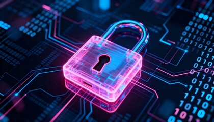 Glowing digital padlock hologram in pink and blue neon, cyber security concept, dark futuristic background with binary code