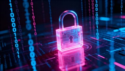 Glowing digital padlock hologram in pink and blue neon, cyber security concept, dark futuristic background with binary code