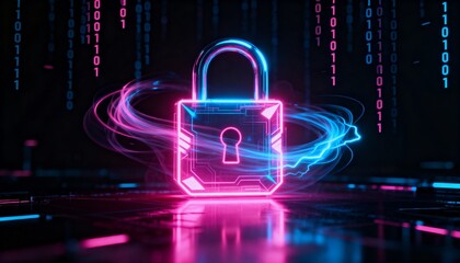 Glowing digital padlock hologram in pink and blue neon, cyber security concept, dark futuristic background with binary code