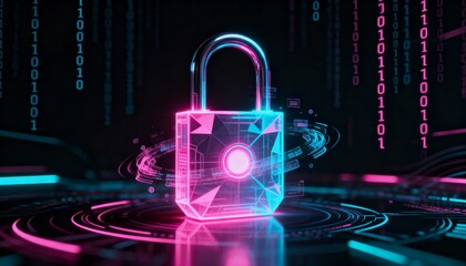 Glowing digital padlock hologram in pink and blue neon, cyber security concept, dark futuristic background with binary code