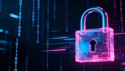 Glowing digital padlock hologram in pink and blue neon, cyber security concept, dark futuristic background with binary code