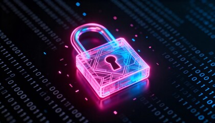 Glowing digital padlock hologram in pink and blue neon, cyber security concept, dark futuristic background with binary code