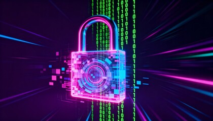 Glowing digital padlock hologram in pink and blue neon, cyber security concept, dark futuristic background with binary code