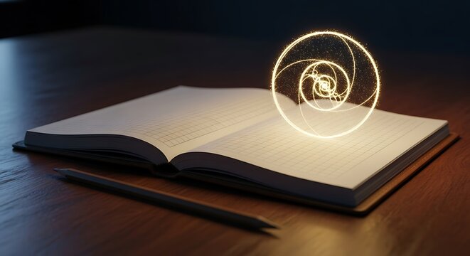A glowing golden ratio spiral hovers magically over an open book on a wooden desk. - Powered by Adobe