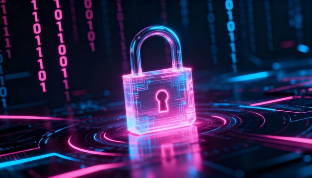 Glowing digital padlock hologram in pink and blue neon, cyber security concept, dark futuristic background with binary code - Powered by Adobe