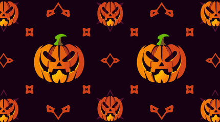 A repeating pattern featuring cartoon pumpkins with angry faces and decorative shapes.