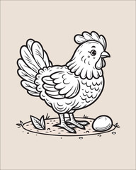 Fototapeta premium A detailed black and white outline illustration of a hen standing next to her eggs. Perfect for farm animal themes, coloring books, poultry packaging, agricultural concepts