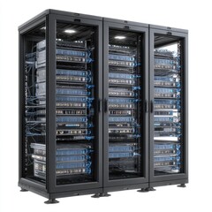 Three server racks filled with computer equipment.  Dark gray metal enclosures.  Visible components and wiring