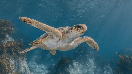 Obraz premium Underwater shot of a sea turtle swimming gracefully in the ocean with rocks