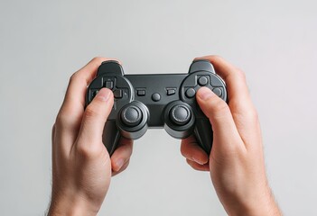 Close-up view of hands holding a dark gray video game controller against a white backdrop