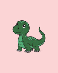 A vibrant, green cartoon illustration of a happy, chubby baby dinosaur on a pink background. Excellent for kid's apparel, party invitations, digital stickers