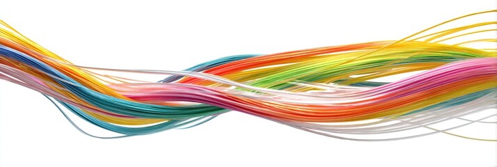 Abstract design of flowing colorful strands against white. Wavy lines form an elegant pattern