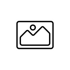 A minimalist outline drawing of a landscape, featuring a simple mountain range under a circular sun, presented within a rectangular frame