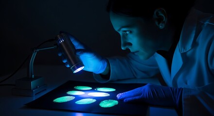 A scientist in a dark laboratory examines glowing fluorescent biological samples with an ultraviolet light.