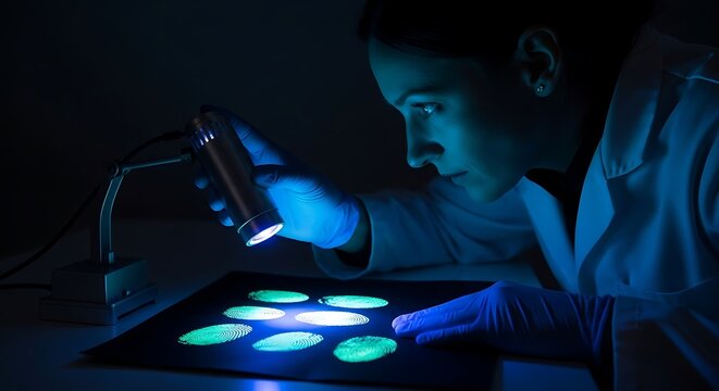 A scientist in a dark laboratory examines glowing fluorescent biological samples with an ultraviolet light. - Powered by Adobe