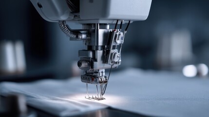 Medium shot of a robotic arm guiding fabric under the sewing machine needle with sharp focus on the tool blurred background highlighting automated tailoring precision.