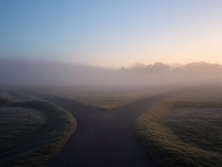 Fototapeta premium junction. A conceptual crossroads splitting in two directions, symbolic path choice. wellbeing guides, coaching materials, designed for coaching and self-improvement content, used by lab technicians.