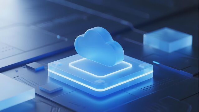 A glowing cloud icon rests on a illuminated platform, symbolizing cloud computing technology in a futuristic digital environment.