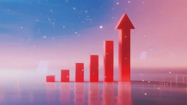 Red bar graph with upward arrow showing growth against a gradient sky background