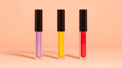 Obraz premium Minimal cosmetic lip gloss collection with colorful beauty products on pastel background for makeup branding and skincare campaigns