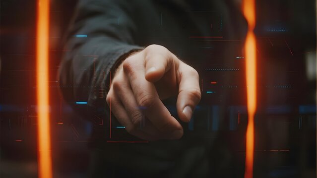 Hand reaching forward in a futuristic setting with glowing vertical lines and digital effects