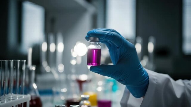 gloved hand in lab coat holds vial with bright fuchsia liquid Blurred laboratory background shows test tubes and other glassware indicating scientific research in progress