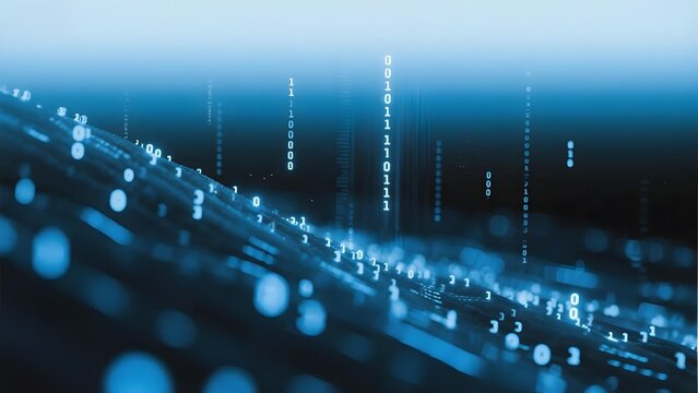 Digital data stream with binary code and glowing particles in a futuristic technology environment