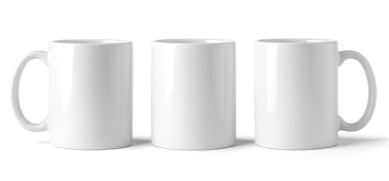 Three white ceramic cylindrical mugs, one centered, two with handles facing away, on white backdrop