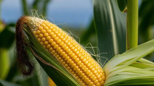 ripe vibrant yellow corn cob partially shucked revealing rows of plump golden kernels and brown silk It remains on its green stalk with blurred foliage and hint of blue sky