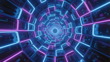 Neon-lit futuristic tunnel with glowing blue and pink geometric patterns creating a hypnotic, symmetrical perspective.