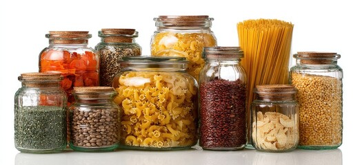 Assortment of glass jars filled with various grains and pasta, arranged on a white surface