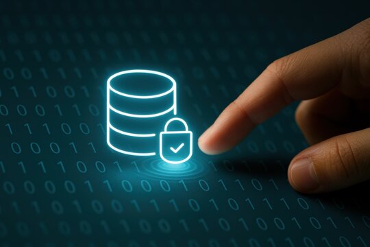 Finger pressing holographic secure database icon with lock on binary code background
