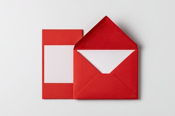 Top-down view shows a red envelope open with card inside, beside a card, on white